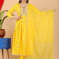 VOJ Women's Yellow Rayon Embroidered Kurta Pant & Dupatta Set (Naira Cut) | Swadesiicart