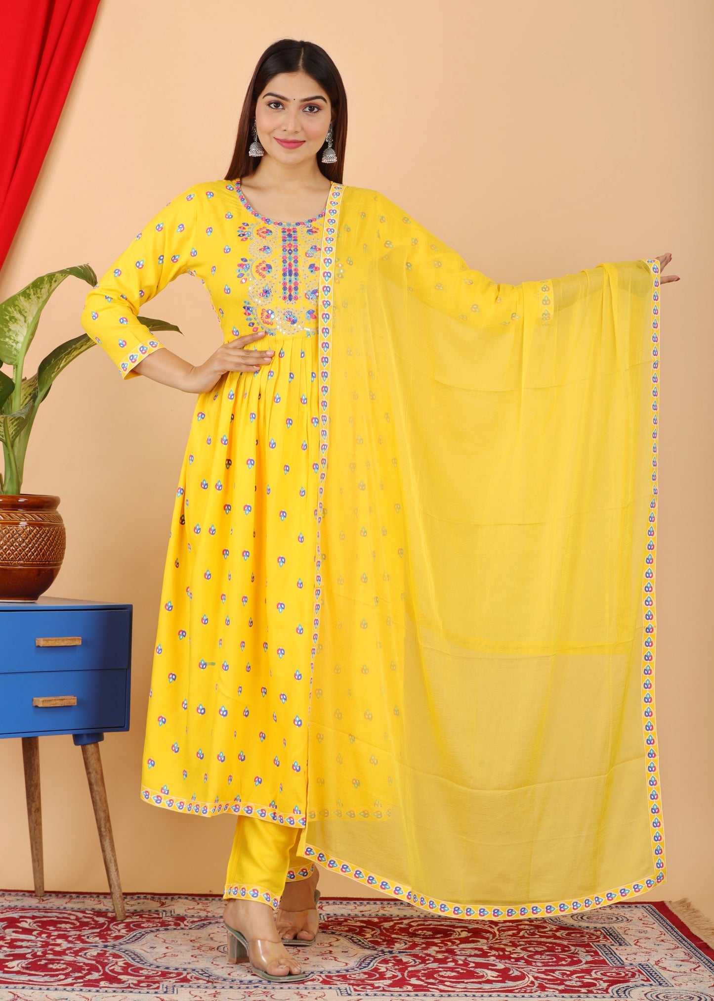 VOJ Women's Yellow Rayon Embroidered Kurta Pant & Dupatta Set (Naira Cut) | Swadesiicart