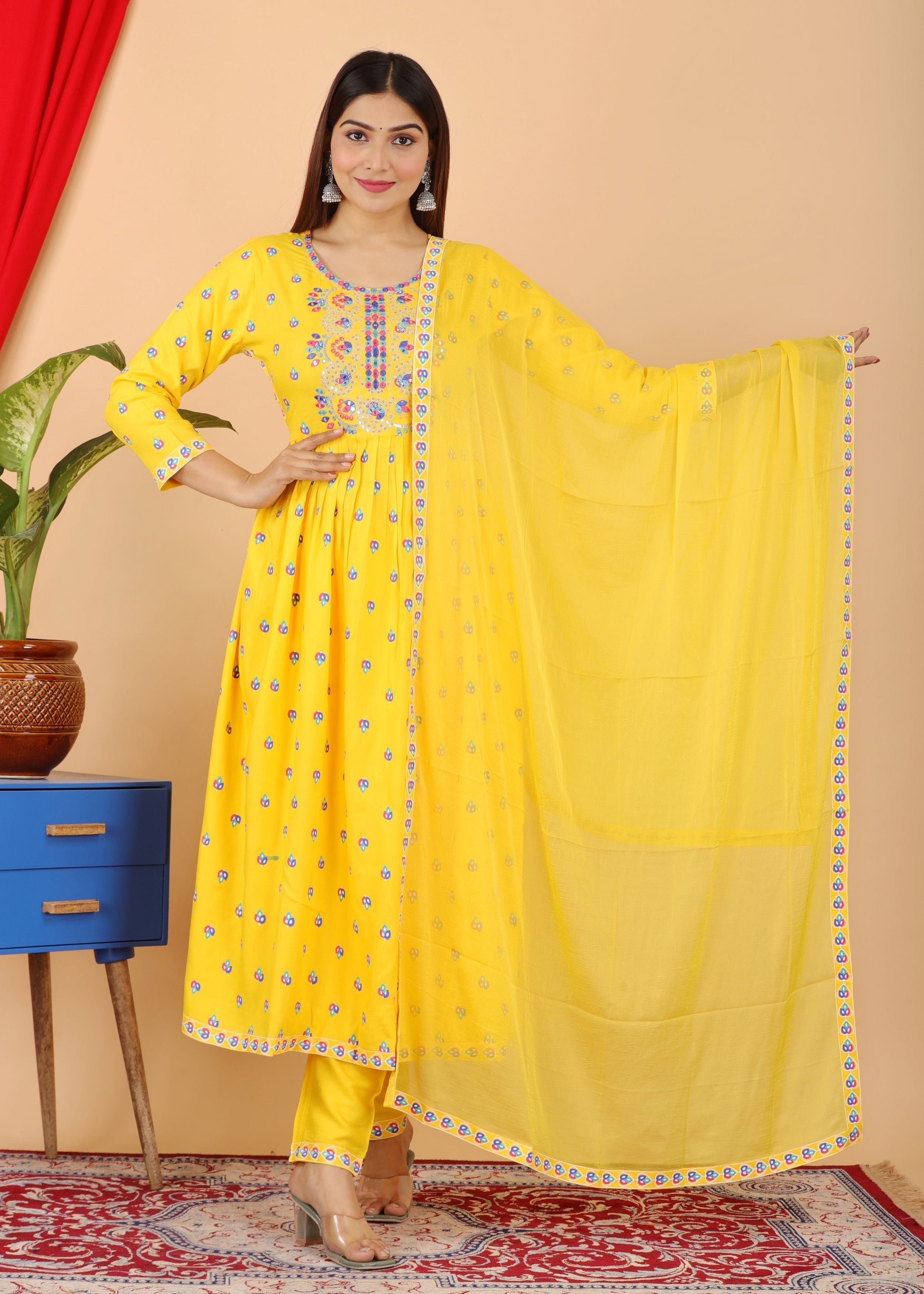 VOJ Women's Yellow Rayon Embroidered Kurta Pant & Dupatta Set (Naira Cut) | Swadesiicart