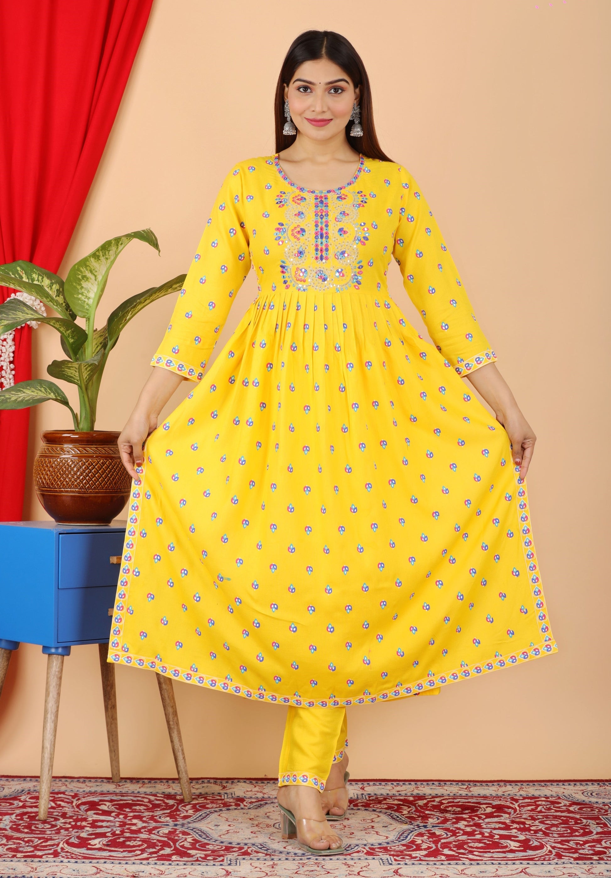 VOJ Women's Yellow Rayon Embroidered Kurta Pant & Dupatta Set (Naira Cut) | Swadesiicart
