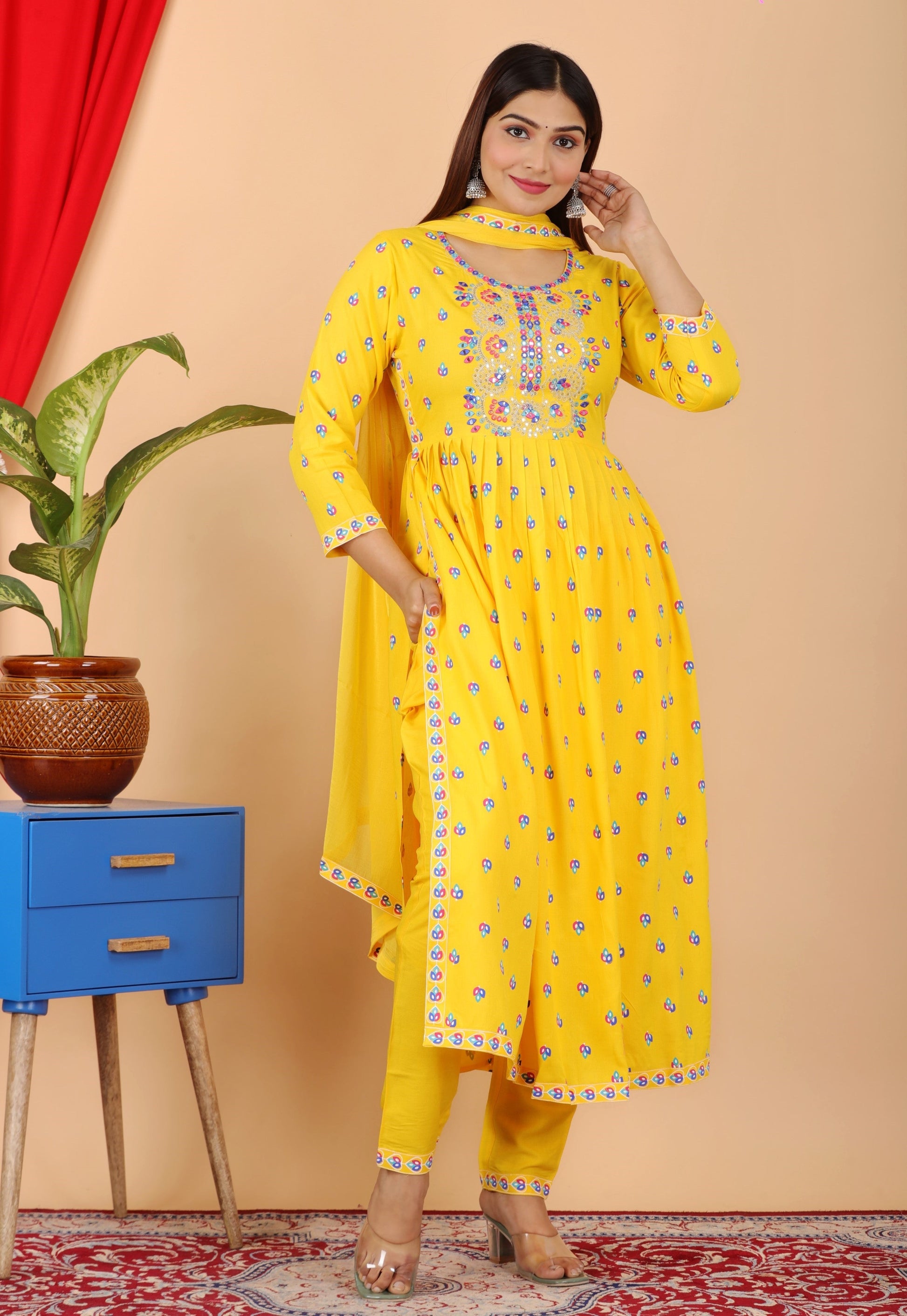 VOJ Women's Yellow Rayon Embroidered Kurta Pant & Dupatta Set (Naira Cut) | Swadesiicart