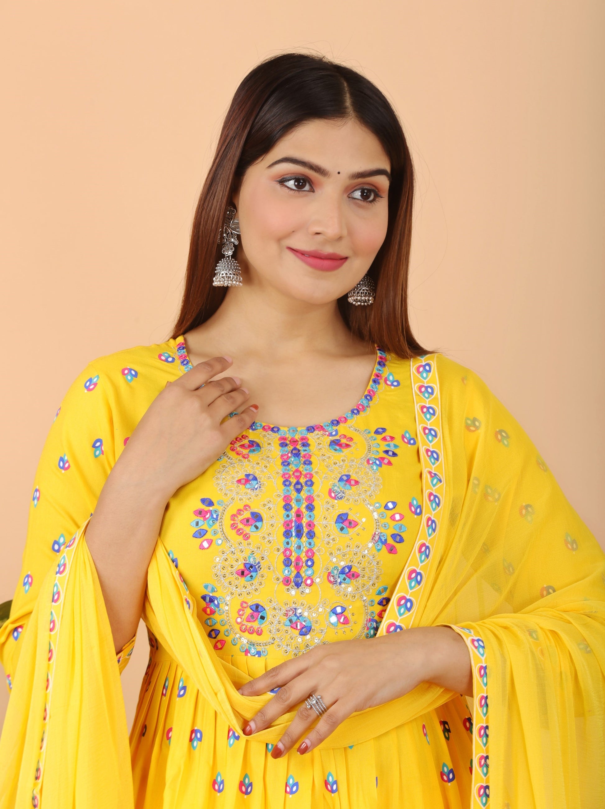 VOJ Women's Yellow Rayon Embroidered Kurta Pant & Dupatta Set (Naira Cut) | Swadesiicart