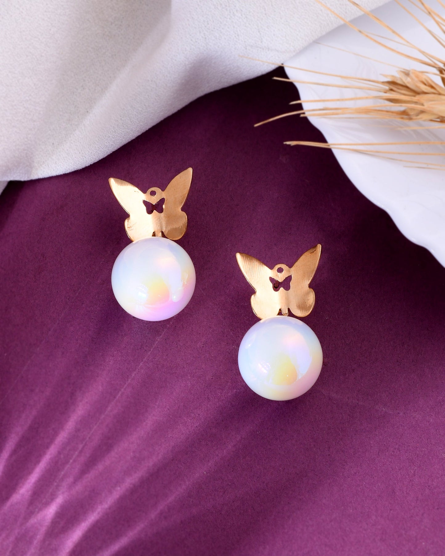 VOJ Women Gold-Polished Butterfly Pearl Studs Earrings - Swadesiicart