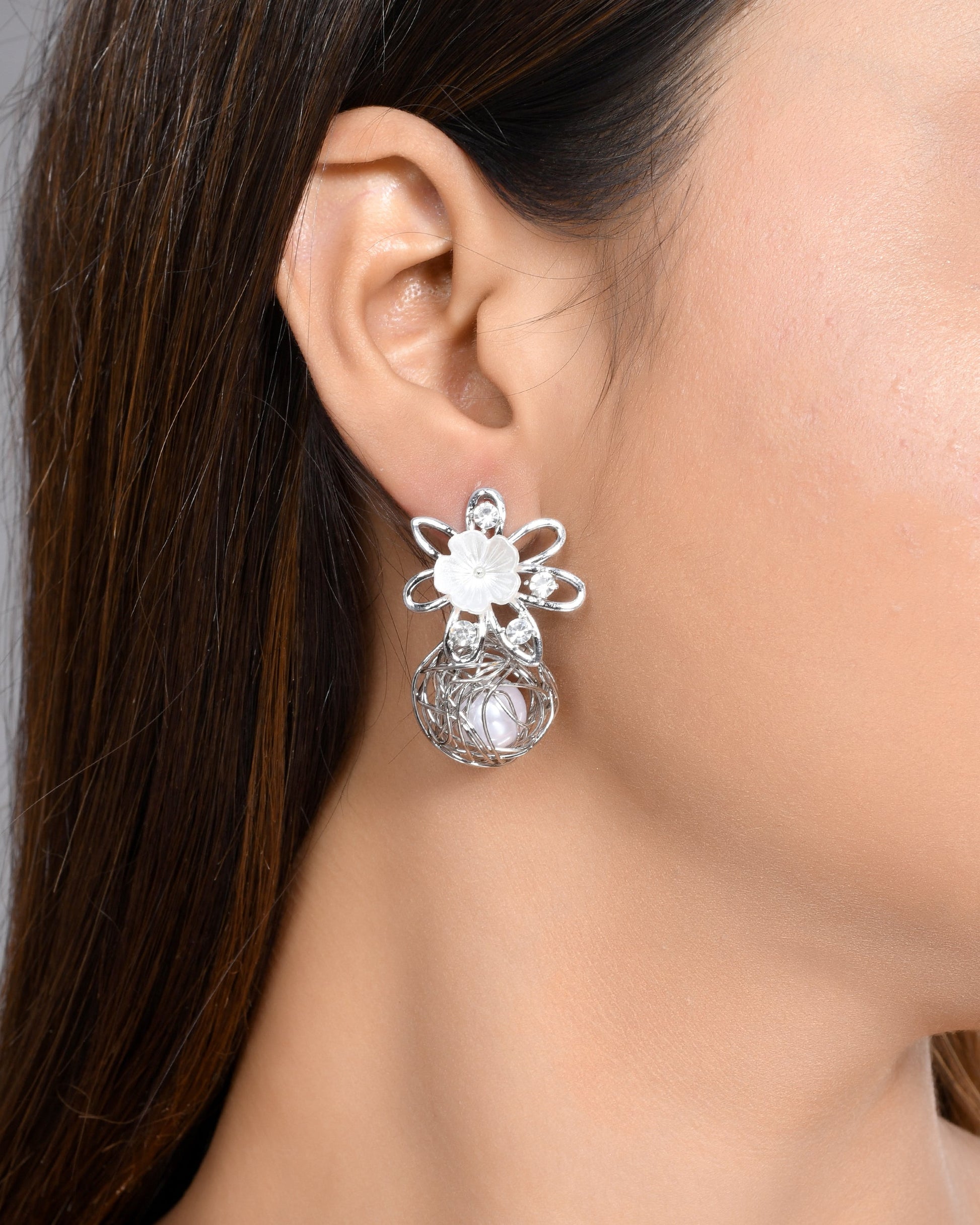VOJ Women Silver Plated Flower Peral Studs Earrings - Swadesiicart