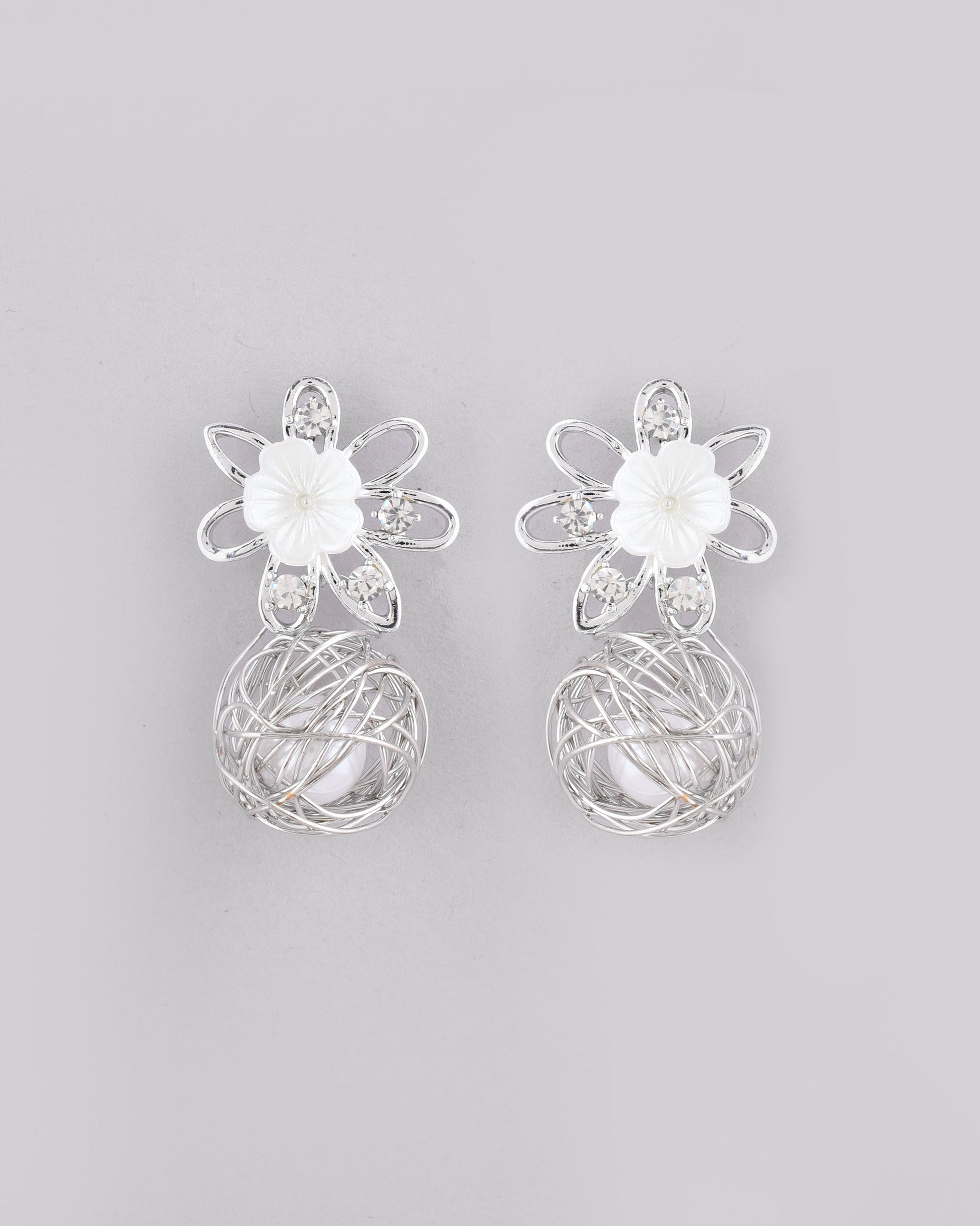 VOJ Women Silver Plated Flower Peral Studs Earrings - Swadesiicart