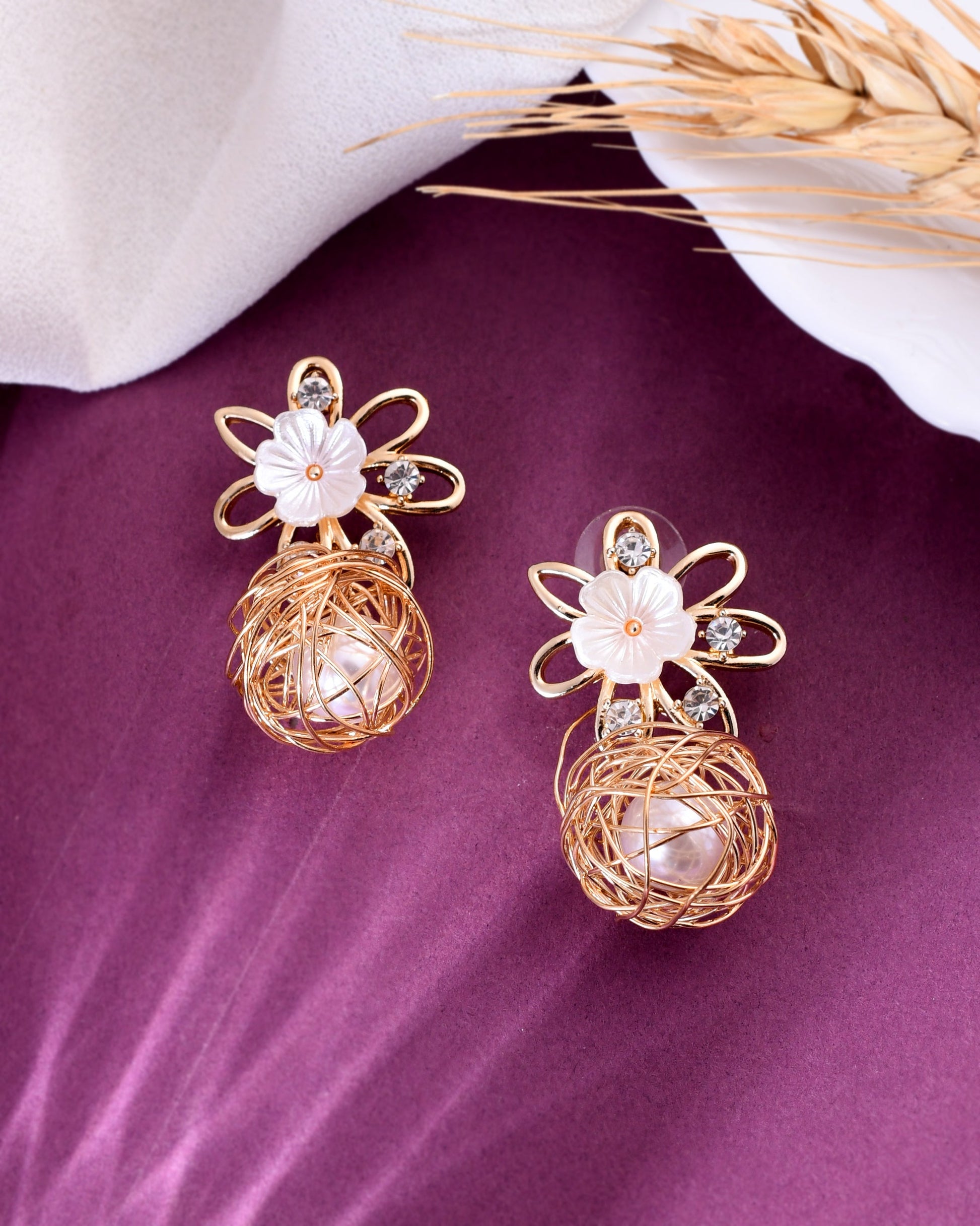 VOJ Women Gold-Polished Flower Peral Studs Earrings - Swadesiicart