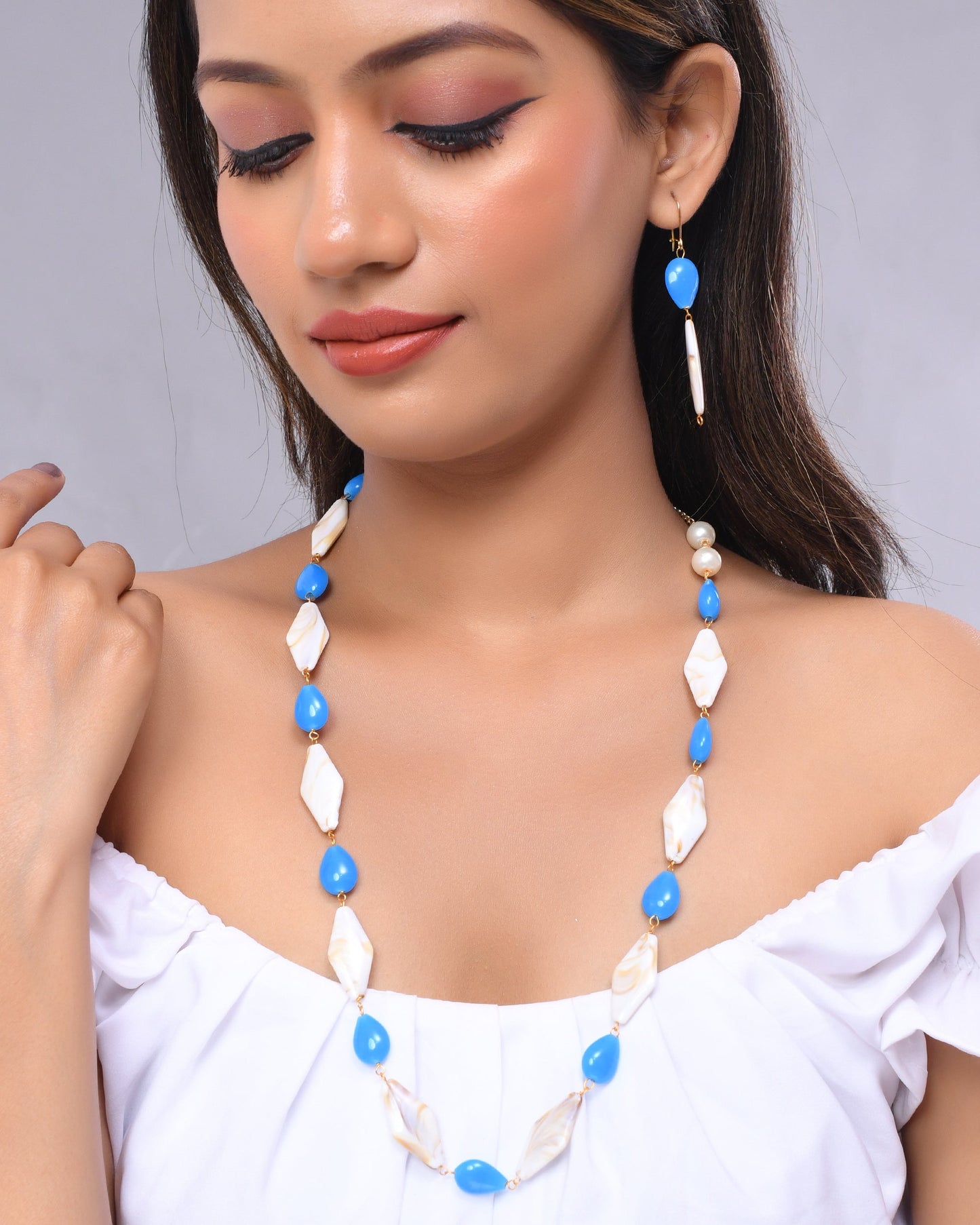 VOJ Women Sky Blue And White Beads Necklace And Earrings Set - VOJ (Valley Of Jewellery)