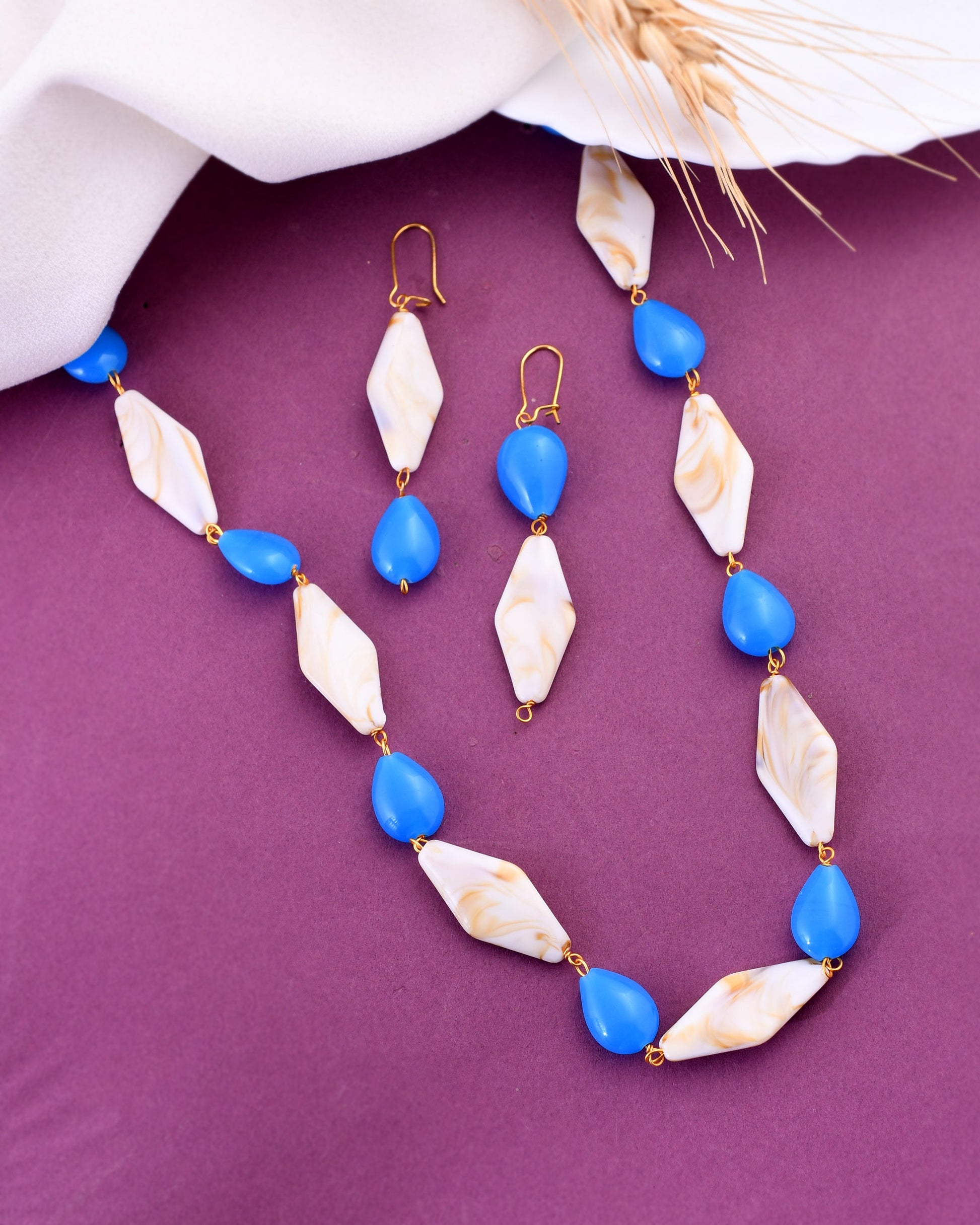 VOJ Women Sky Blue And White Beads Necklace And Earrings Set - Swadesiicart