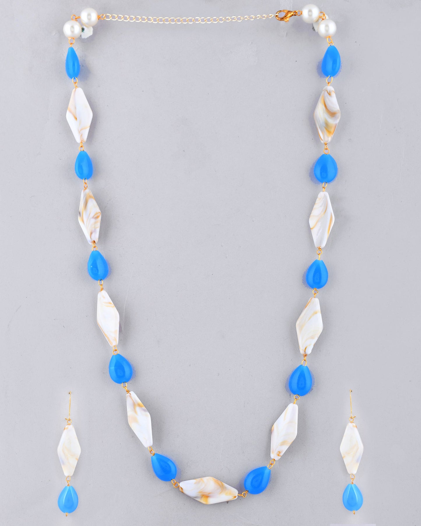 VOJ Women Sky Blue And White Beads Necklace And Earrings Set - Swadesiicart