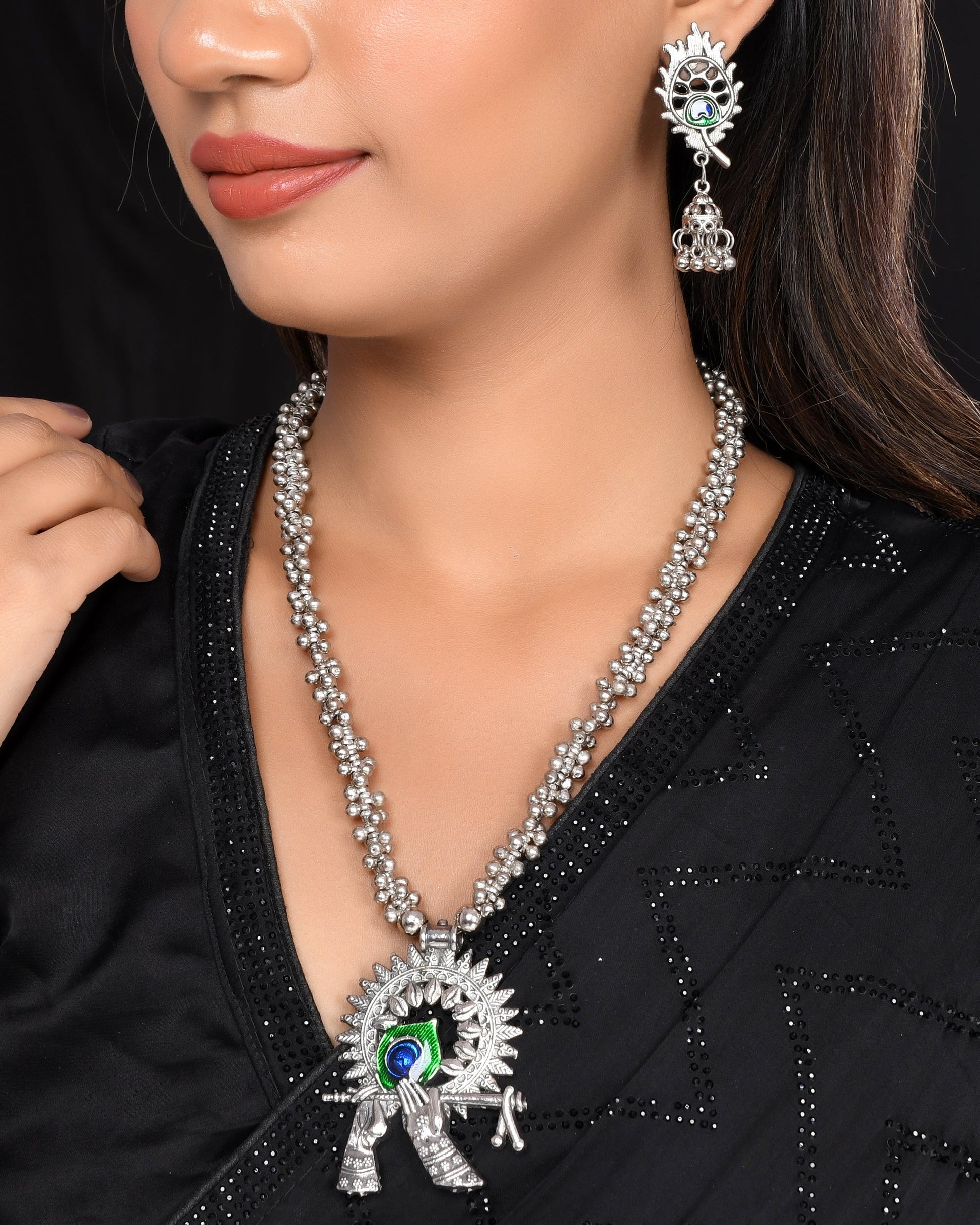 VOJ Women Silver Plated Oxidised Jewellary Set - Swadesiicart
