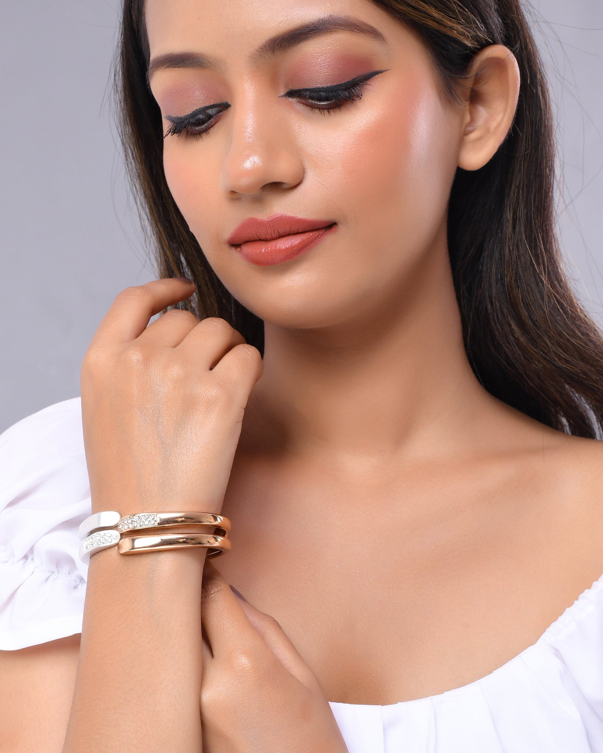 VOJ Women Stainless Steel Gold And Silver Polished Dimond Bracelet - VOJ (Valley Of Jewellery)