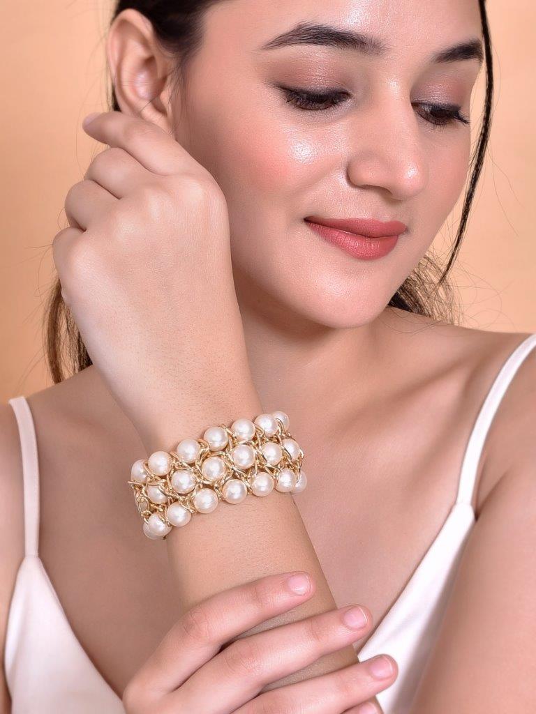 VOJ Women White and Gold Toned Pearls Gold-Polished Multi Strand Bracelet - Swadesiicart