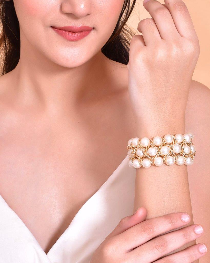 VOJ Women White and Gold Toned Pearls Gold-Polished Multi Strand Bracelet - Swadesiicart