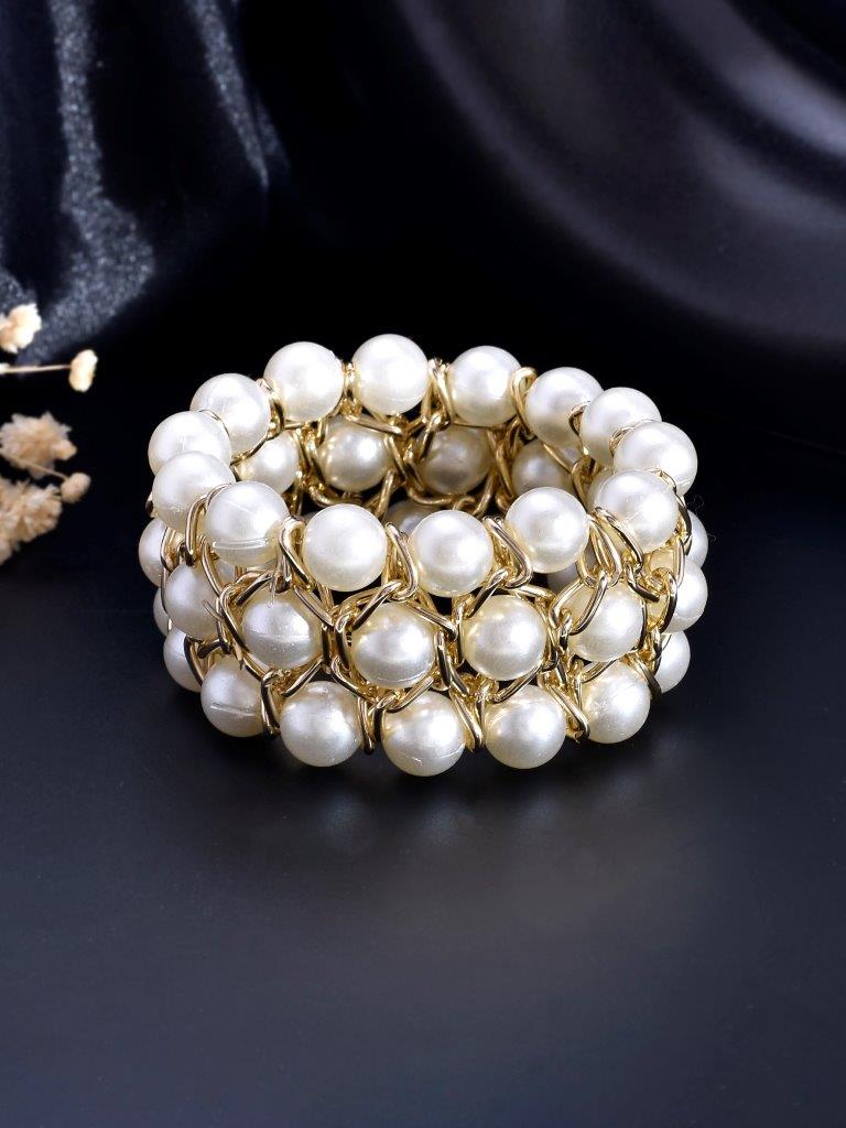 VOJ Women White and Gold Toned Pearls Gold-Polished Multi Strand Bracelet - Swadesiicart