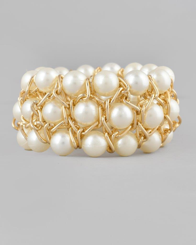 VOJ Women White and Gold Toned Pearls Gold-Polished Multi Strand Bracelet - VOJ (Valley Of Jewellery)