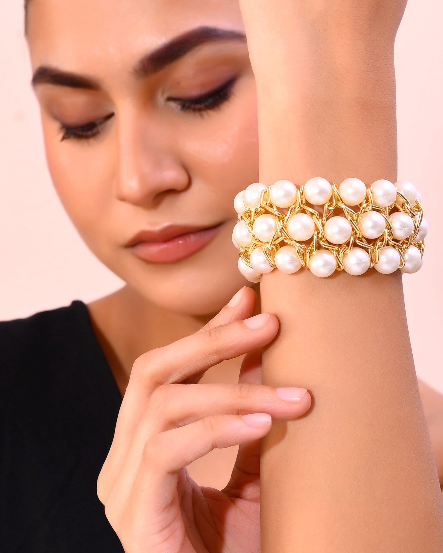 VOJ Women White and Gold Toned Perals Gold-Polished Multi Strand Bracelet - Swadesiicart