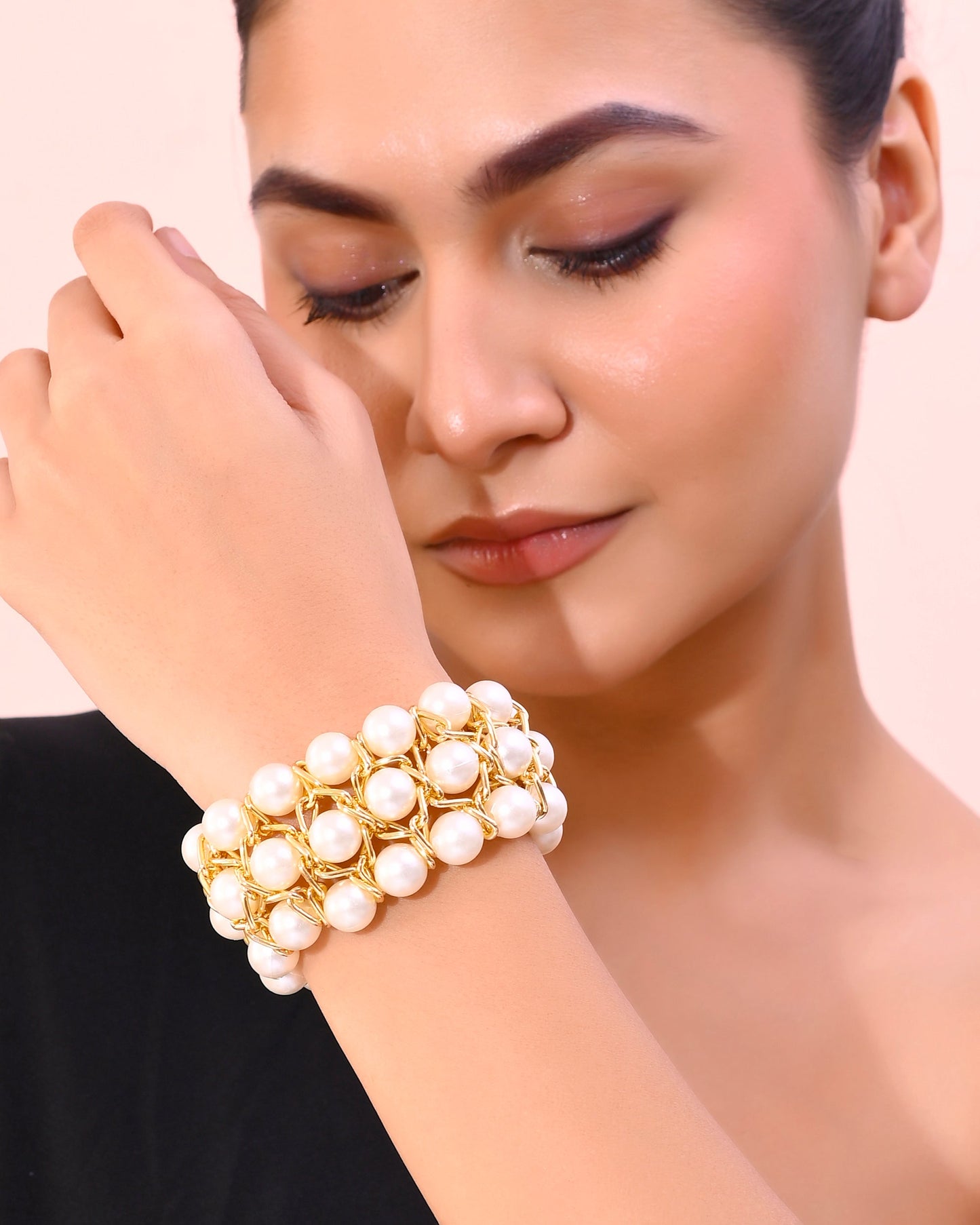 VOJ Women White and Gold Toned Perals Gold-Polished Multi Strand Bracelet - Swadesiicart