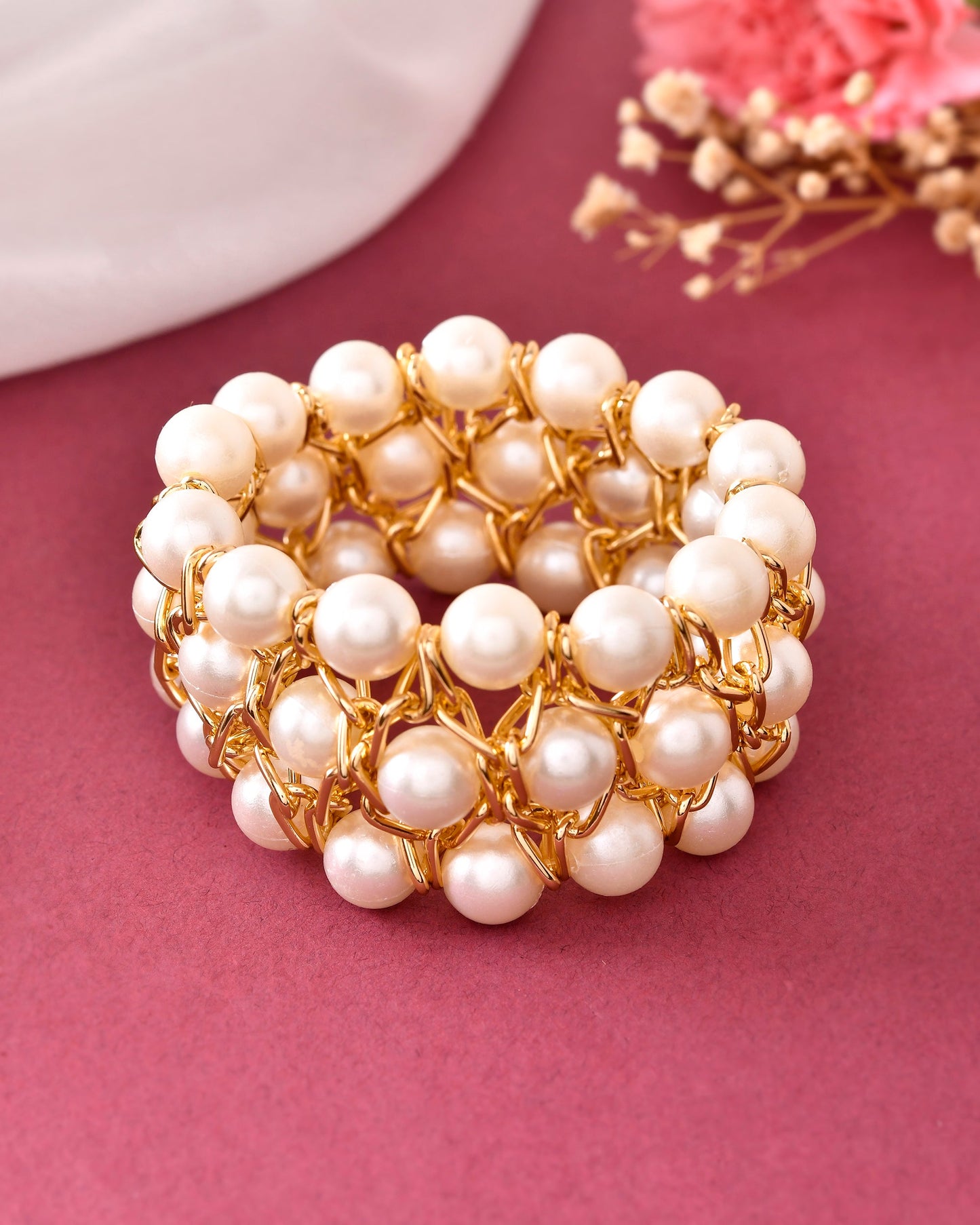VOJ Women White and Gold Toned Perals Gold-Polished Multi Strand Bracelet - Swadesiicart