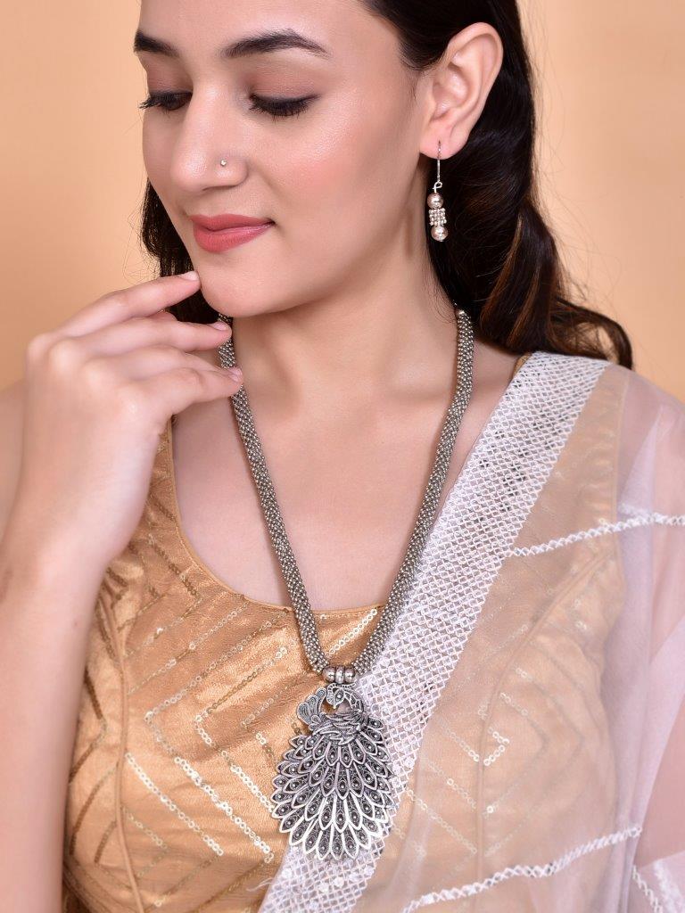 VOJ Women Oxidised Silver-Plated Peacock Jewellery Set - Swadesiicart