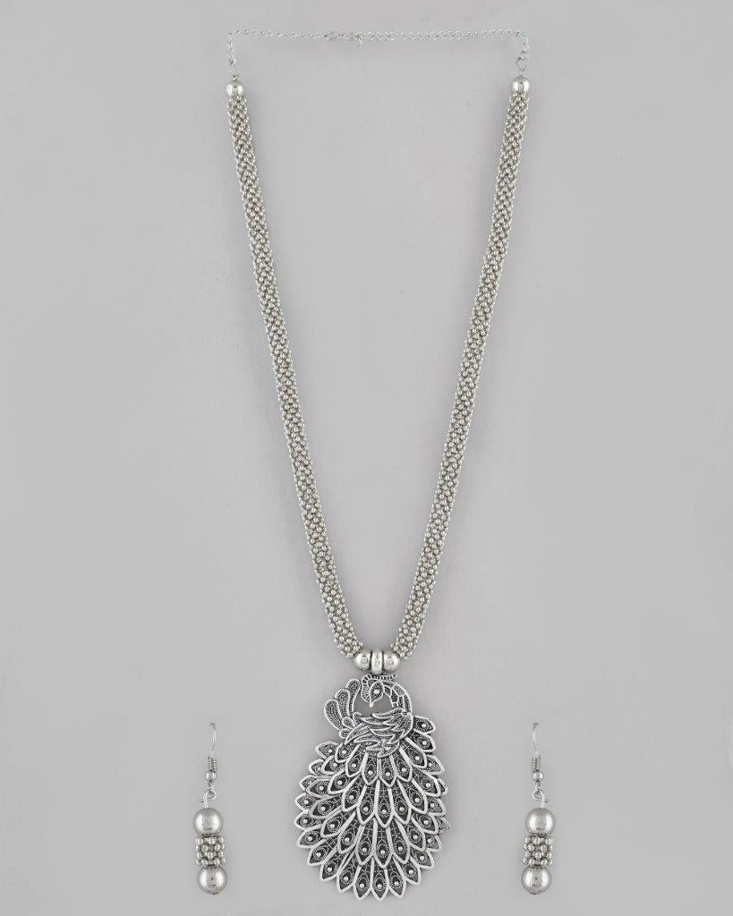VOJ Women Oxidised Silver-Plated Peacock Jewellery Set - Swadesiicart