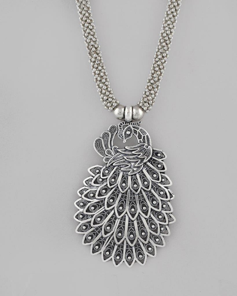 VOJ Women Oxidised Silver-Plated Peacock Jewellery Set - Swadesiicart