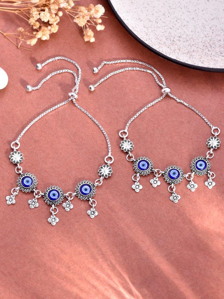 VOJ Pack of 2 Silver Plated Evel Eye Anklets - Swadesiicart