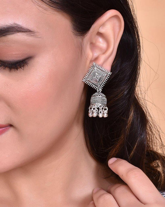 VOJ Silver Plated Oxidised Jhumka - VOJ (Valley Of Jewellery)