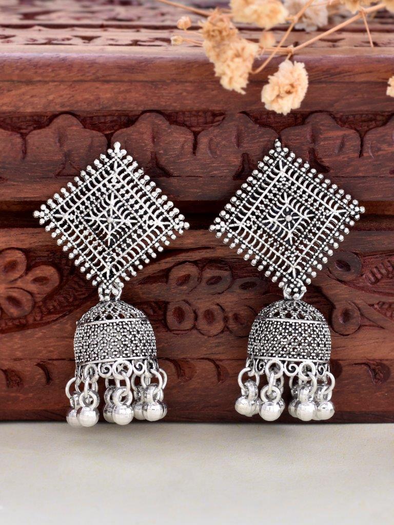 VOJ Silver Plated Oxidised Jhumka - Swadesiicart