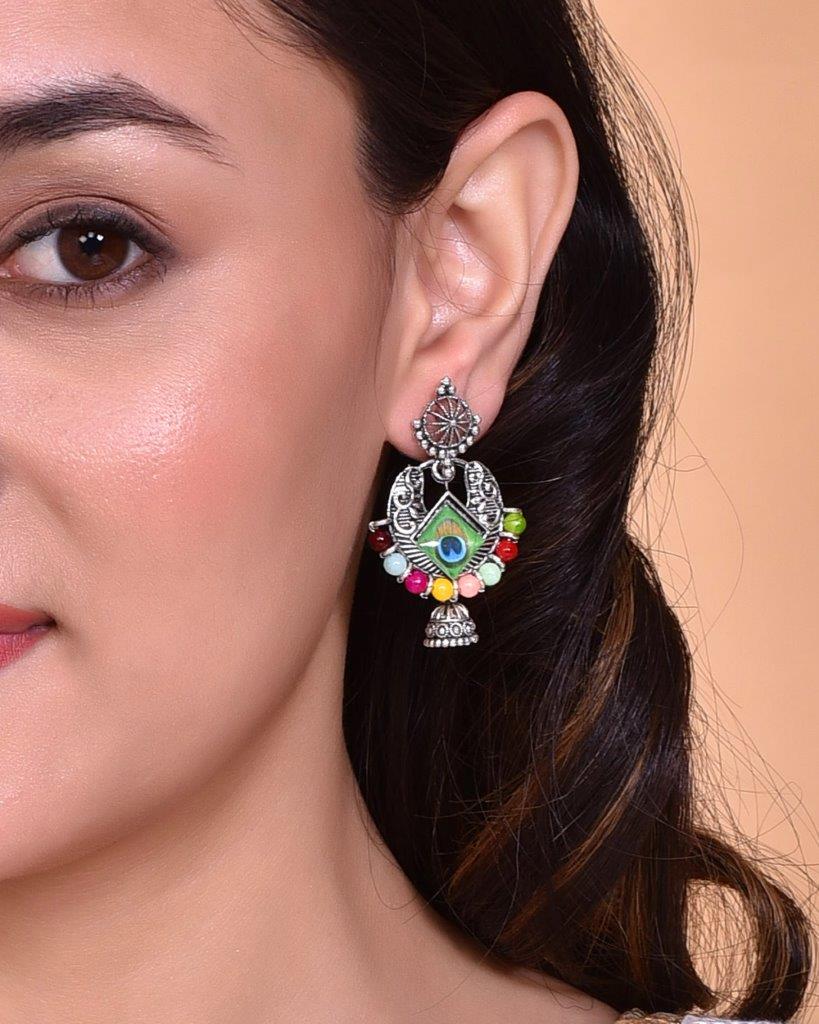 VOJ Silver Plated Peacock Contemporay Jhumka Earrings - VOJ (Valley Of Jewellery)