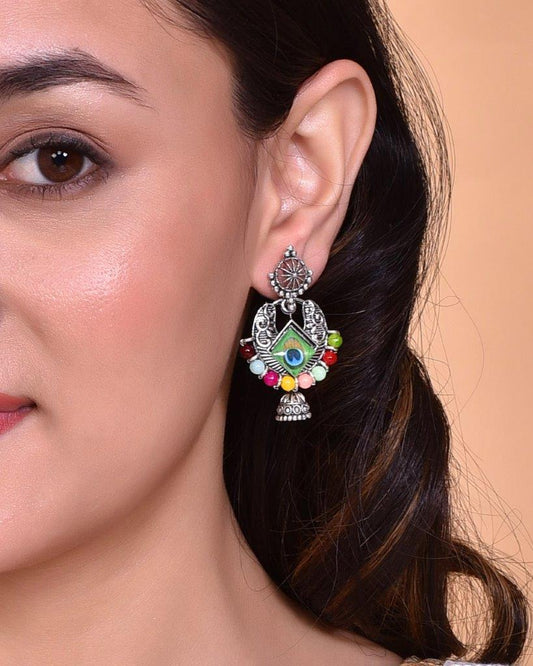 VOJ Silver Plated Peacock Contemporay Jhumka Earrings - VOJ (Valley Of Jewellery)