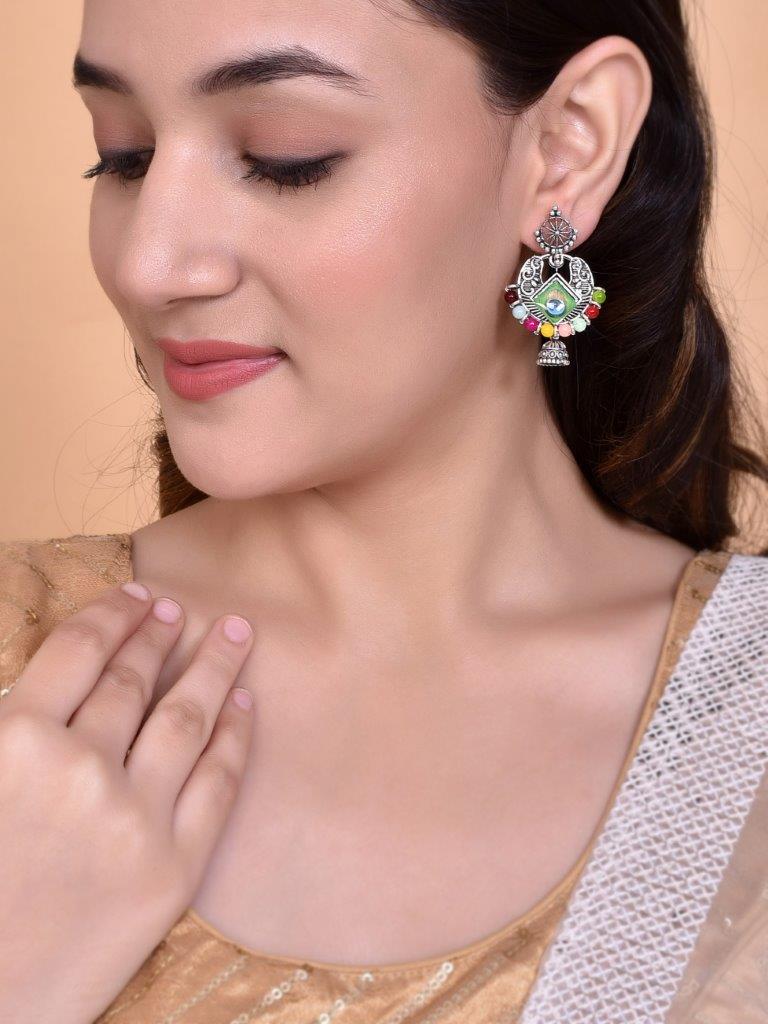 VOJ Silver Plated Peacock Contemporay Jhumka Earrings - Swadesiicart