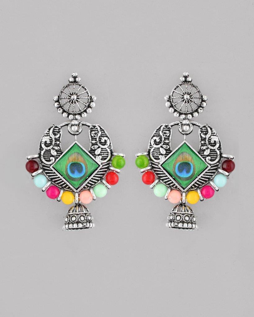 VOJ Silver Plated Peacock Contemporay Jhumka Earrings - Swadesiicart