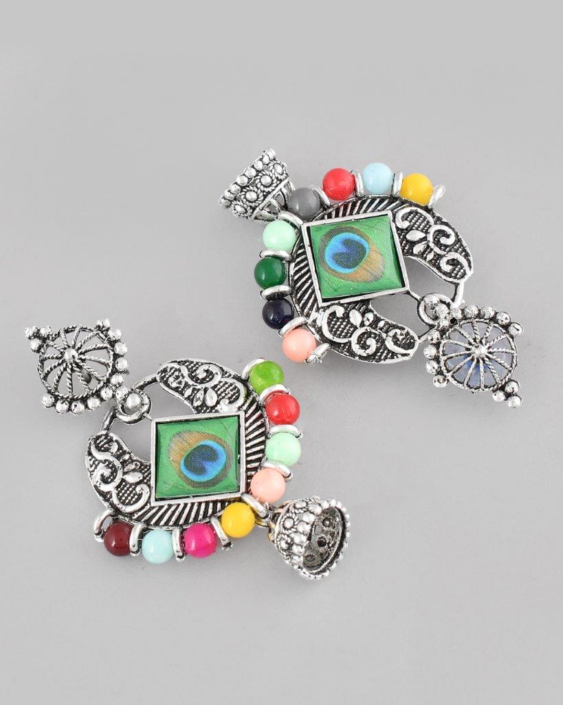 VOJ Silver Plated Peacock Contemporay Jhumka Earrings - Swadesiicart