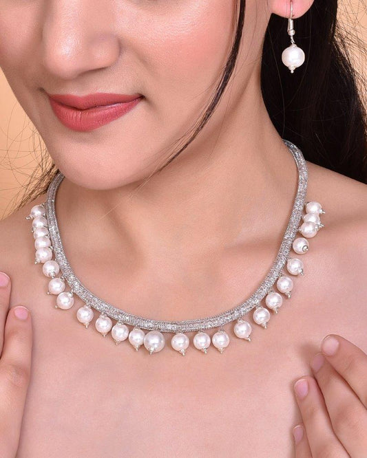 VOJ Silver Plated Pearls and AD-Studded Necklace & Earrings - VOJ (Valley Of Jewellery)