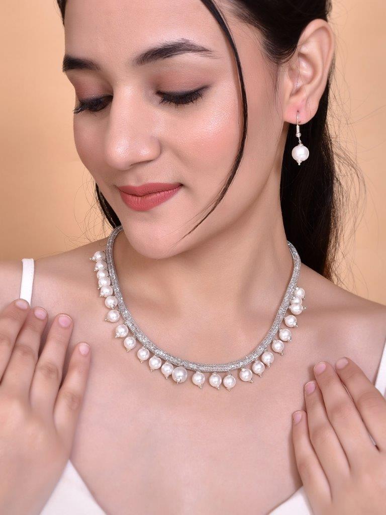 VOJ Silver Plated Pearls and AD-Studded Necklace & Earrings - Swadesiicart