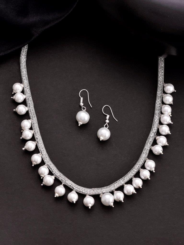 VOJ Silver Plated Pearls and AD-Studded Necklace & Earrings - Swadesiicart