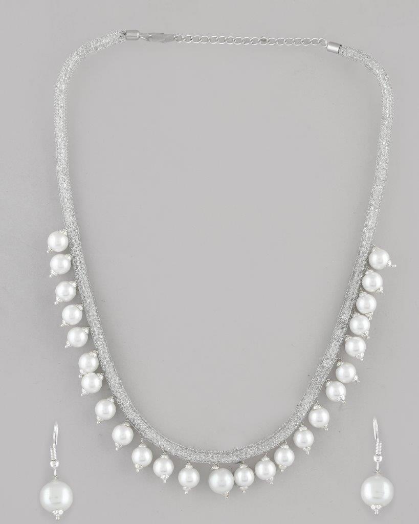 VOJ Silver Plated Pearls and AD-Studded Necklace & Earrings - Swadesiicart