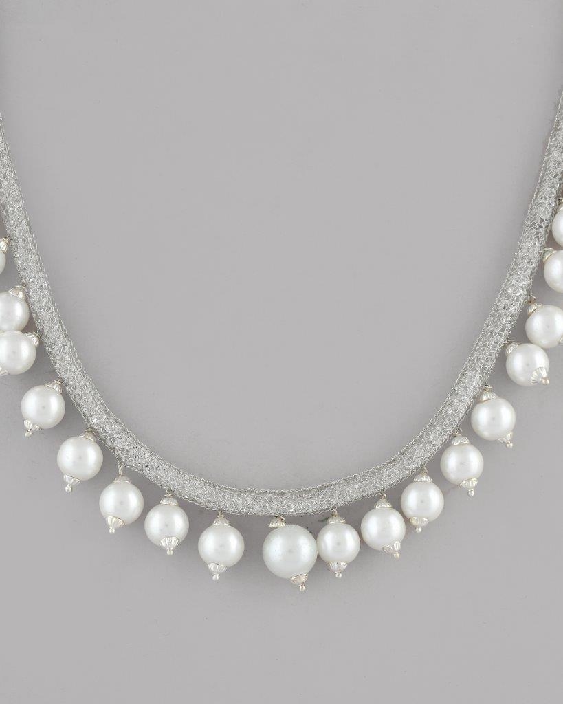VOJ Silver Plated Pearls and AD-Studded Necklace & Earrings - Swadesiicart