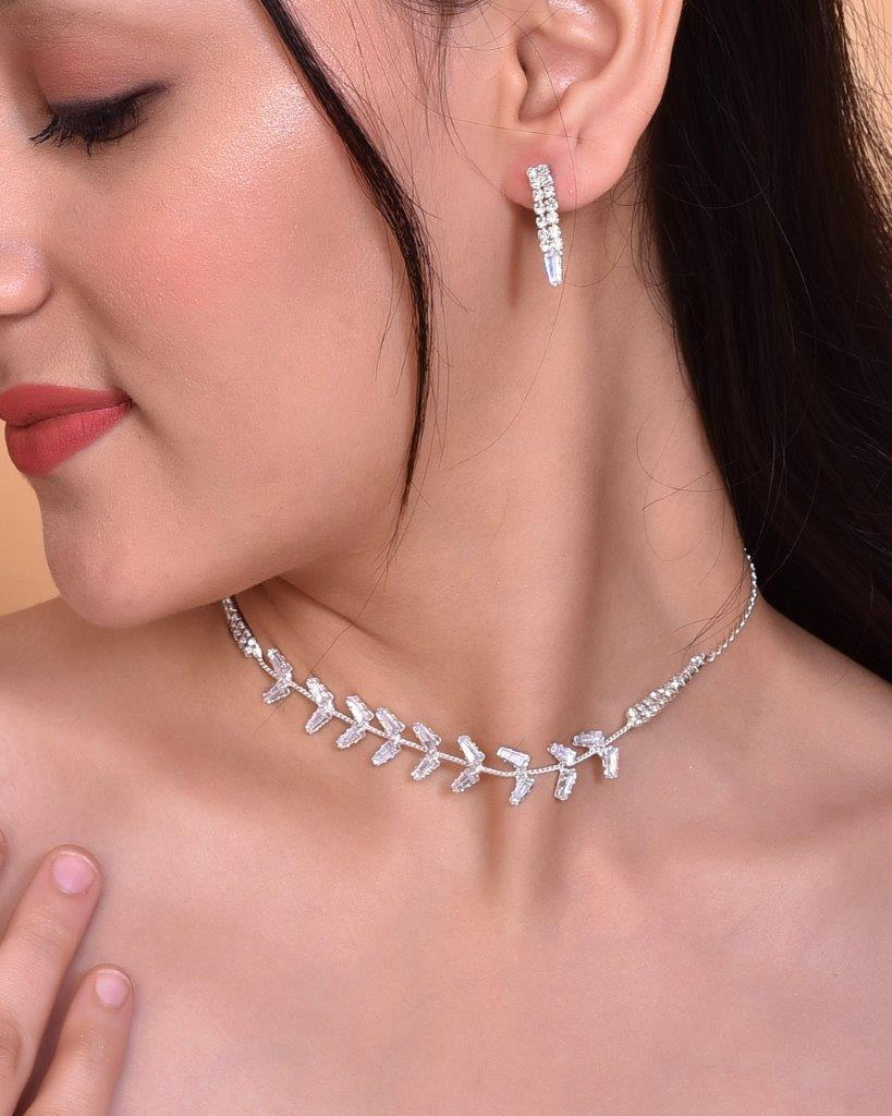 VOJ Silver Plated AD-Studded Necklace & Earrings Set - Swadesiicart