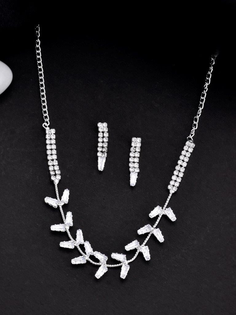 VOJ Silver Plated AD-Studded Necklace & Earrings Set - Swadesiicart