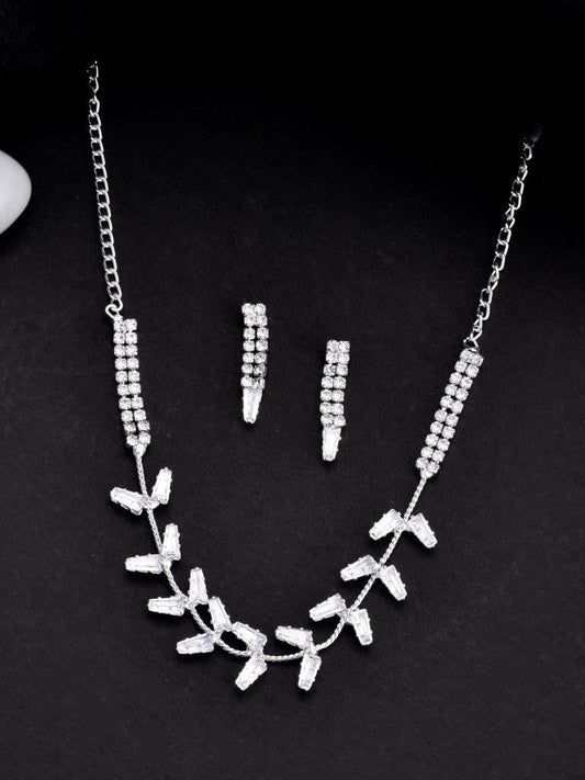VOJ Silver Plated AD-Studded Necklace & Earrings Set - Swadesiicart