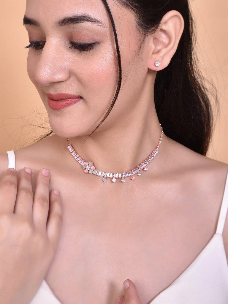 VOJ Rose Gold-Polished AD-Studded Necklace & Earrings - Swadesiicart
