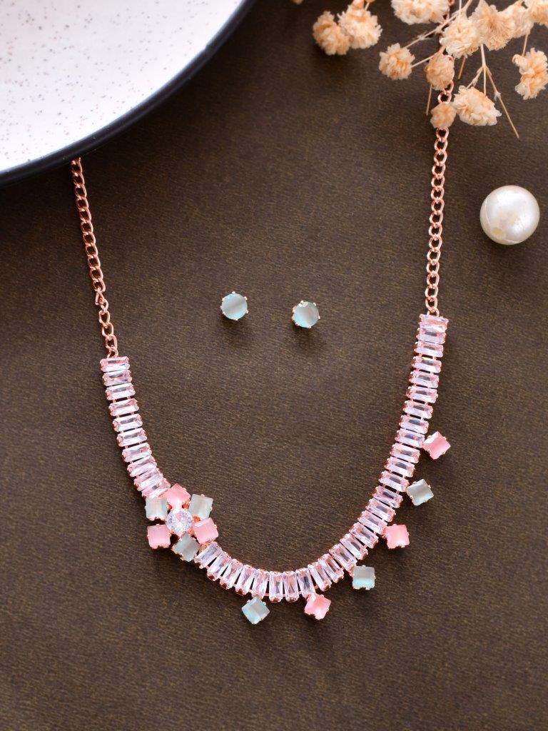 VOJ Rose Gold-Polished AD-Studded Necklace & Earrings - Swadesiicart