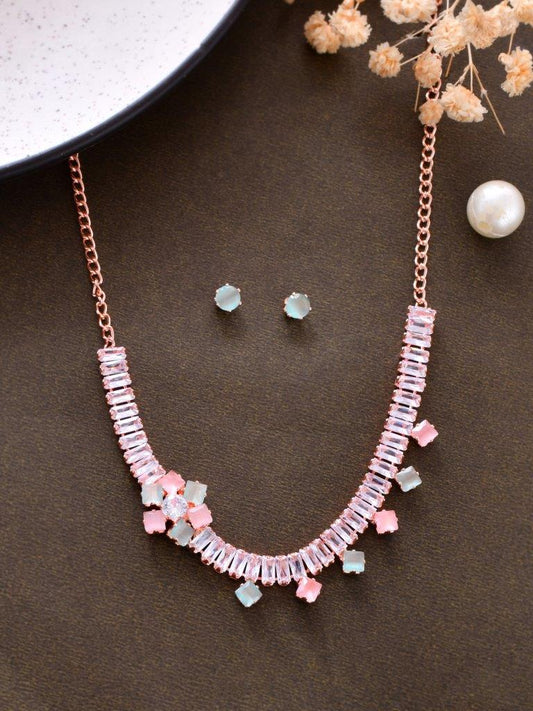 VOJ Rose Gold-Polished AD-Studded Necklace & Earrings - Swadesiicart
