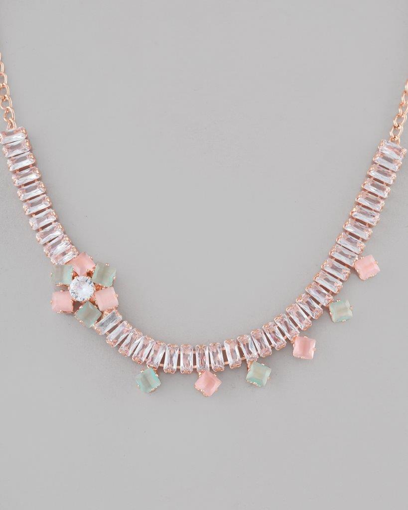 VOJ Rose Gold-Polished AD-Studded Necklace & Earrings - Swadesiicart