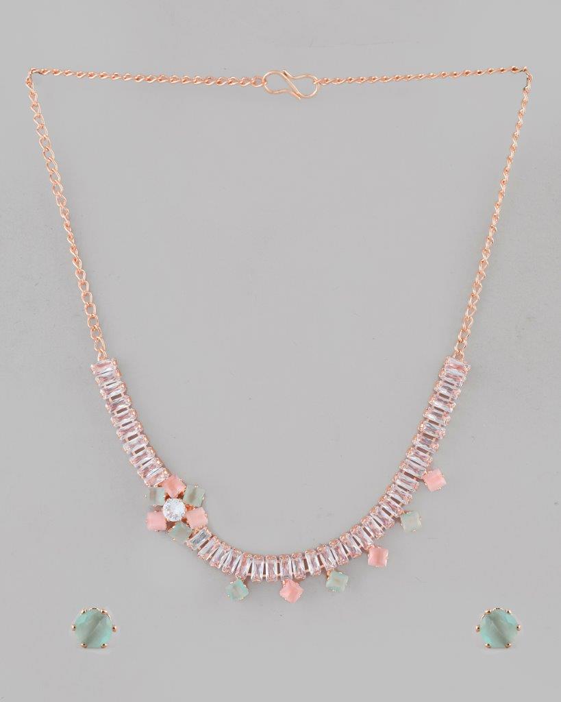 VOJ Rose Gold-Polished AD-Studded Necklace & Earrings - Swadesiicart