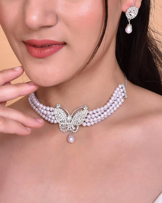 VOJ Gold-Polished Kundan Studsed And Beaded Choker Necklace and Earring Set - VOJ (Valley Of Jewellery)
