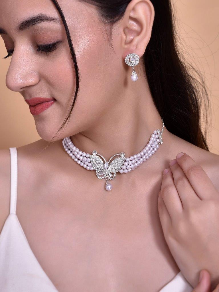 VOJ Gold-Polished Kundan Studsed And Beaded Choker Necklace and Earring Set - Swadesiicart