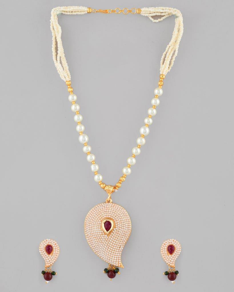 VOJ Gold-Polished Kundan Studsed And Beaded Necklace and Earring Set - Swadesiicart
