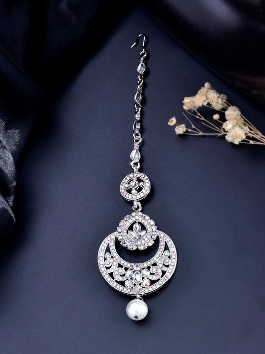 VOJ Silver Plated White AD-Studded Handcrafted Maang Tikka - Swadesiicart